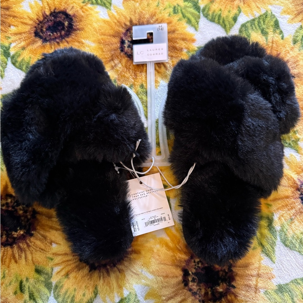 Lauren Conrad Black Faux Fur Slide Slippers, NWT